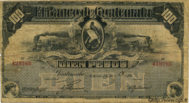 100 Pesos GUATEMALA  1920 PS.147d q.MB