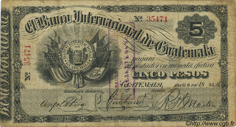 5 Pesos GUATEMALA  1885 PS.154a F