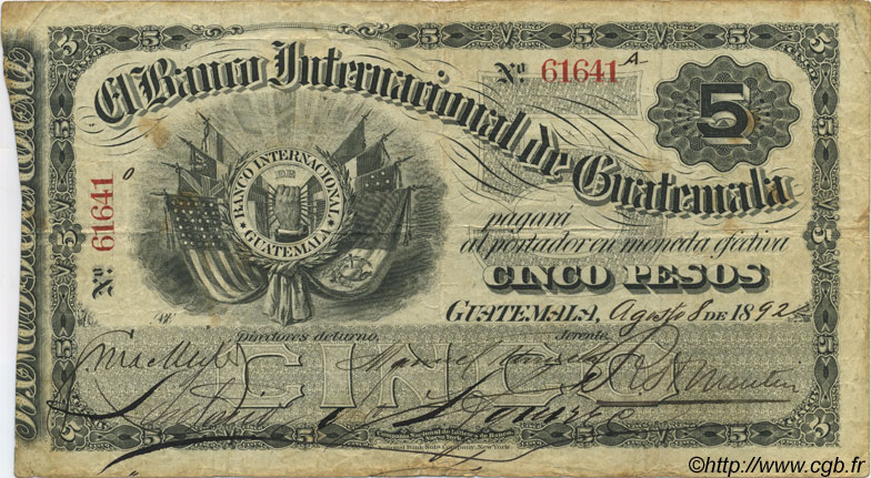 5 Pesos GUATEMALA  1892 PS.154b BC+