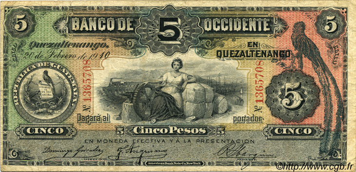 5 Pesos GUATEMALA  1910 PS.176b q.BB