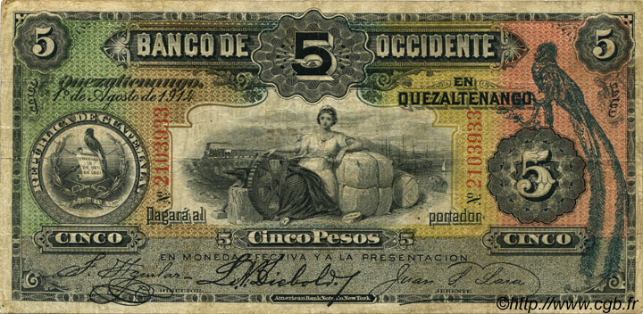 5 Pesos GUATEMALA  1914 PS.176b BC