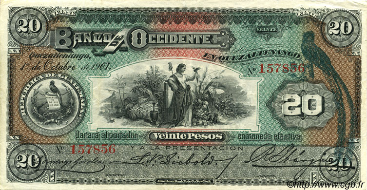 20 Pesos GUATEMALA  1907 PS.179 MBC+