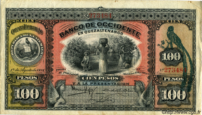 100 Pesos GUATEMALA  1916 PS.182b MB a BB