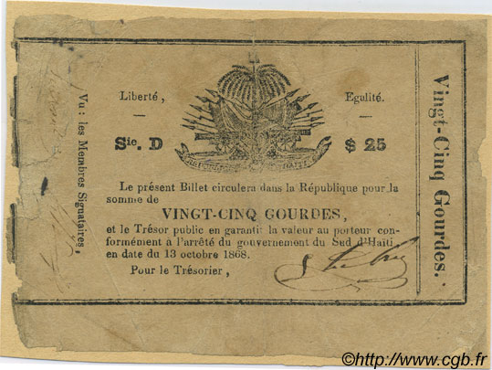 25 Gourdes HAITI  1868 P.056 VG
