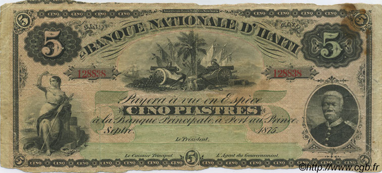5 Piastres HAÏTI  1875 P.072 S