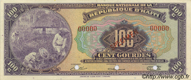 100 Gourdes Spécimen HAITI  1951 P.184s UNC-