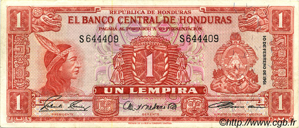 1 Lempira HONDURAS  1961 P.054Aa MBC+
