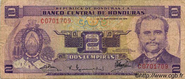 2 Lempiras HONDURAS  1976 P.061 B+