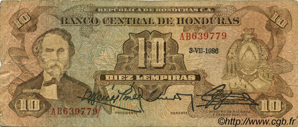 10 Lempiras HONDURAS  1986 P.064b q.MB