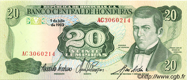 20 Lempiras HONDURAS  1993 P.065d UNC-
