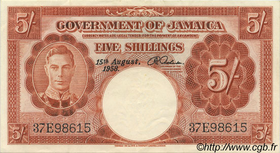 5 Shillings JAMAICA  1958 P.37b EBC