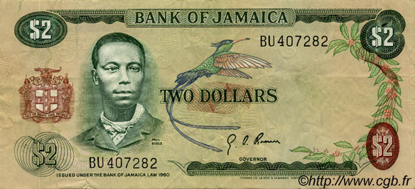 2 Dollars JAMAICA  1970 P.55 MBC+
