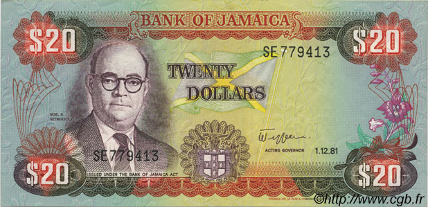 20 Dollars JAMAICA  1981 P.68b XF+
