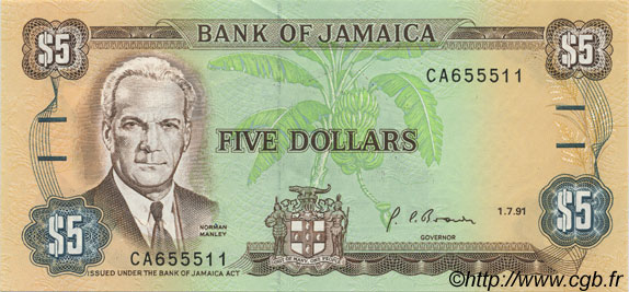5 Dollars JAMAICA  1991 P.70d SC