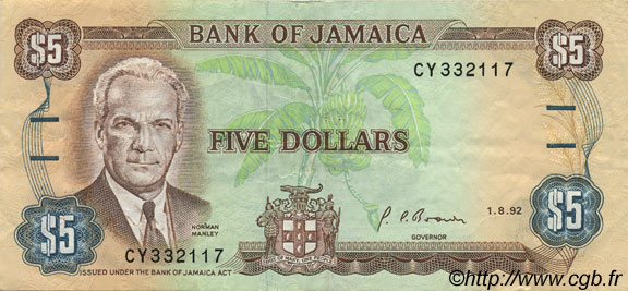 5 Dollars JAMAICA  1992 P.70d VF+