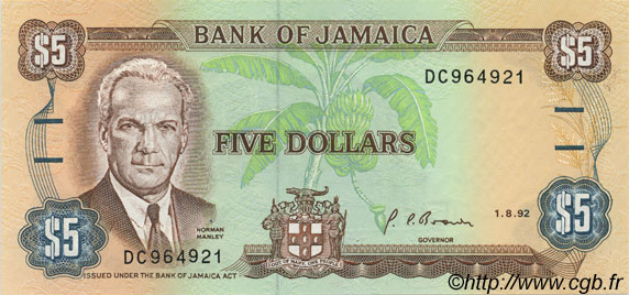 5 Dollars JAMAICA  1992 P.70d UNC