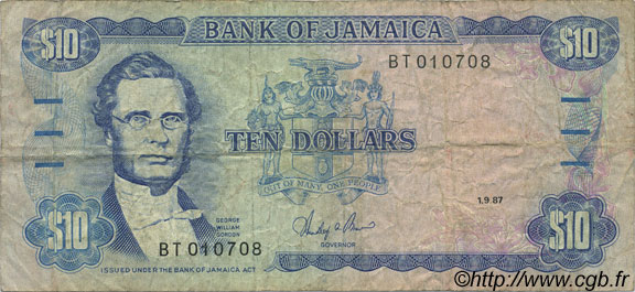 10 Dollars JAMAICA  1987 P.71b F