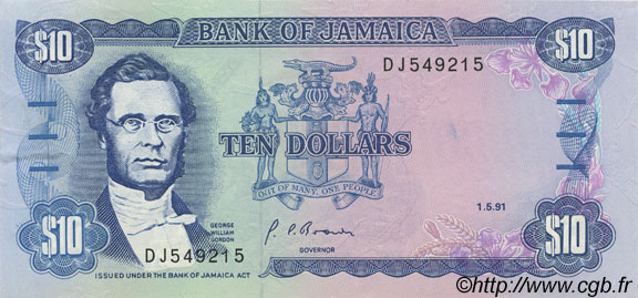 10 Dollars JAMAICA  1991 P.71d SC+
