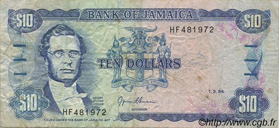 10 Dollars JAMAICA  1994 P.71e BC