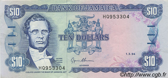10 Dollars JAMAICA  1994 P.71e EBC+