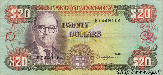 20 Dollars JAMAICA  1989 P.72c VF