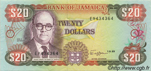 20 Dollars GIAMAICA  1989 P.72c AU
