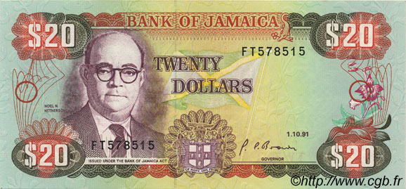 20 Dollars JAMAICA  1991 P.72d SC
