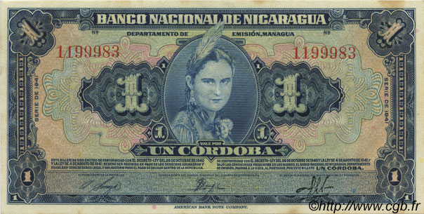 1 Cordoba NICARAGUA  1941 P.090a XF+