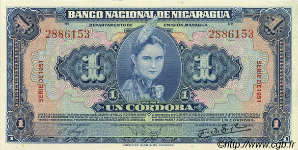 1 Cordoba NICARAGUA  1951 P.091b SC+
