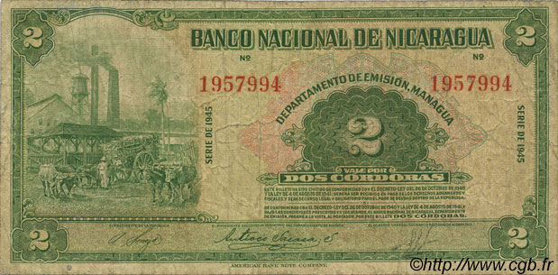 2 Cordobas NICARAGUA  1945 P.092b VG