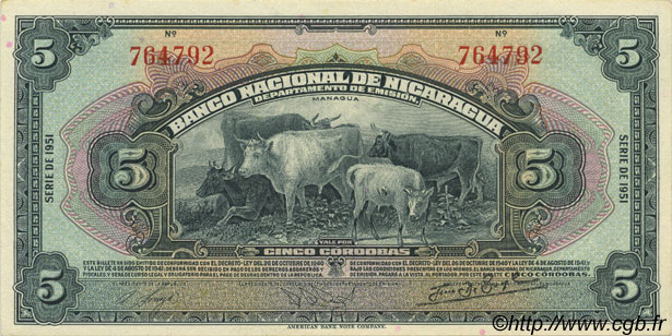 5 Cordobas NICARAGUA  1951 P.093c SC+