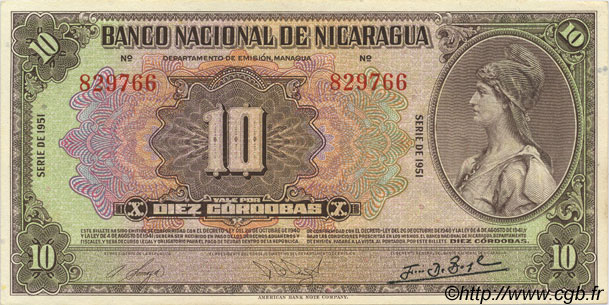 10 Cordobas NIKARAGUA  1951 P.094c fST+