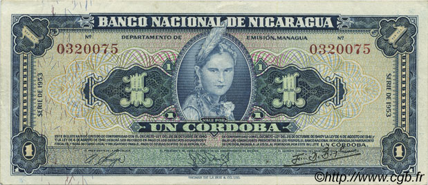 1 Cordoba NICARAGUA  1953 P.099a XF+