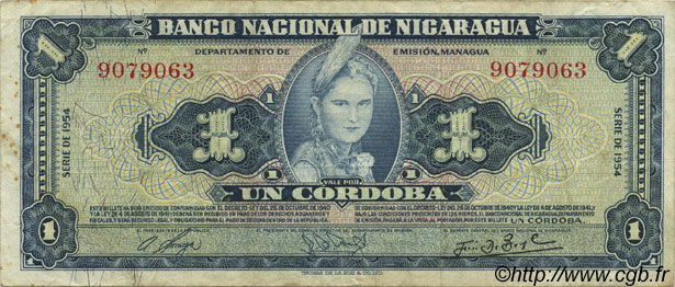 1 Cordoba NICARAGUA  1954 P.099a VF