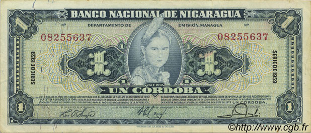 1 Cordoba NICARAGUA  1959 P.099c VF+