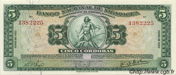5 Cordobas NICARAGUA  1957 P.100b FDC