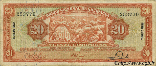 20 Cordobas NICARAGUA  1960 P.102b BC+