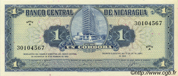 1 Cordoba NICARAGUA  1962 P.107 UNC