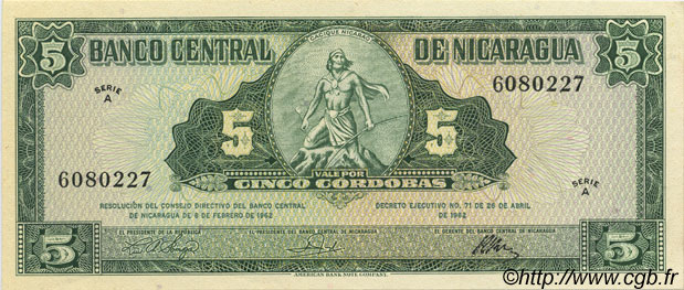 5 Cordobas NICARAGUA  1962 P.108 UNC-