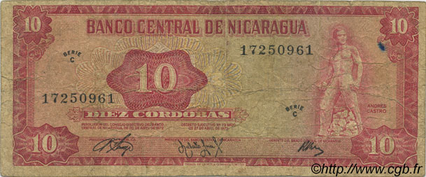 10 Cordobas NICARAGUA  1972 P.123 VG