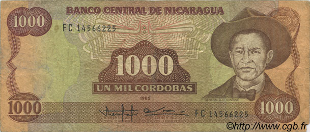 1000 Cordobas NICARAGUA  1985 P.156b F