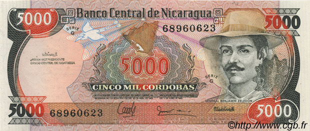 5000 Cordobas NICARAGUA  1988 P.157 UNC