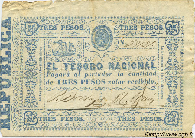 3 Pesos PARAGUAY  1865 P.023 VF-