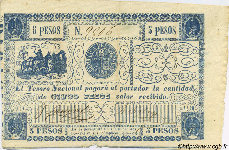 5 Pesos PARAGUAY  1865 P.025 VF