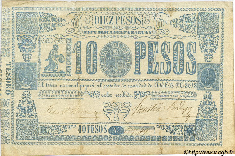 10 Pesos PARAGUAY  1865 P.026 VF
