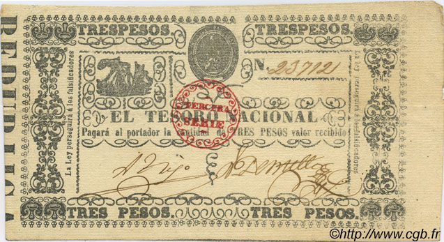 3 Pesos PARAGUAY  1868 P.031 SPL