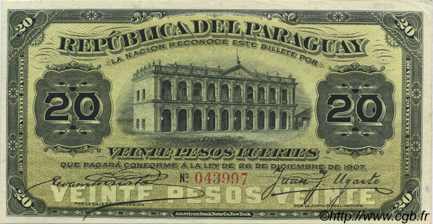 20 Pesos PARAGUAY  1907 P.120 XF+