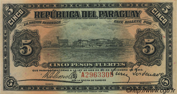 5 Pesos PARAGUAY  1920 P.143 AU