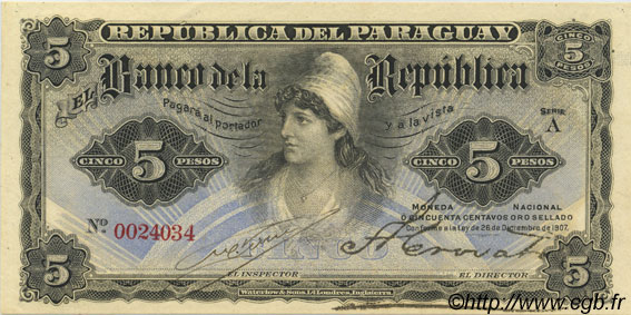 5 Pesos PARAGUAY  1907 P.156 q.FDC