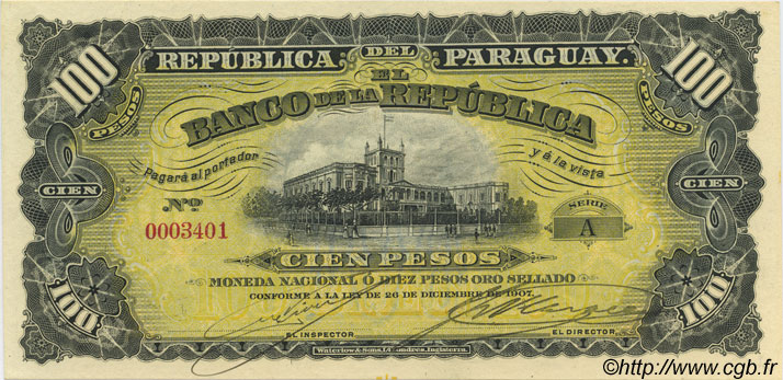 100 Pesos PARAGUAY  1907 P.159 AU+